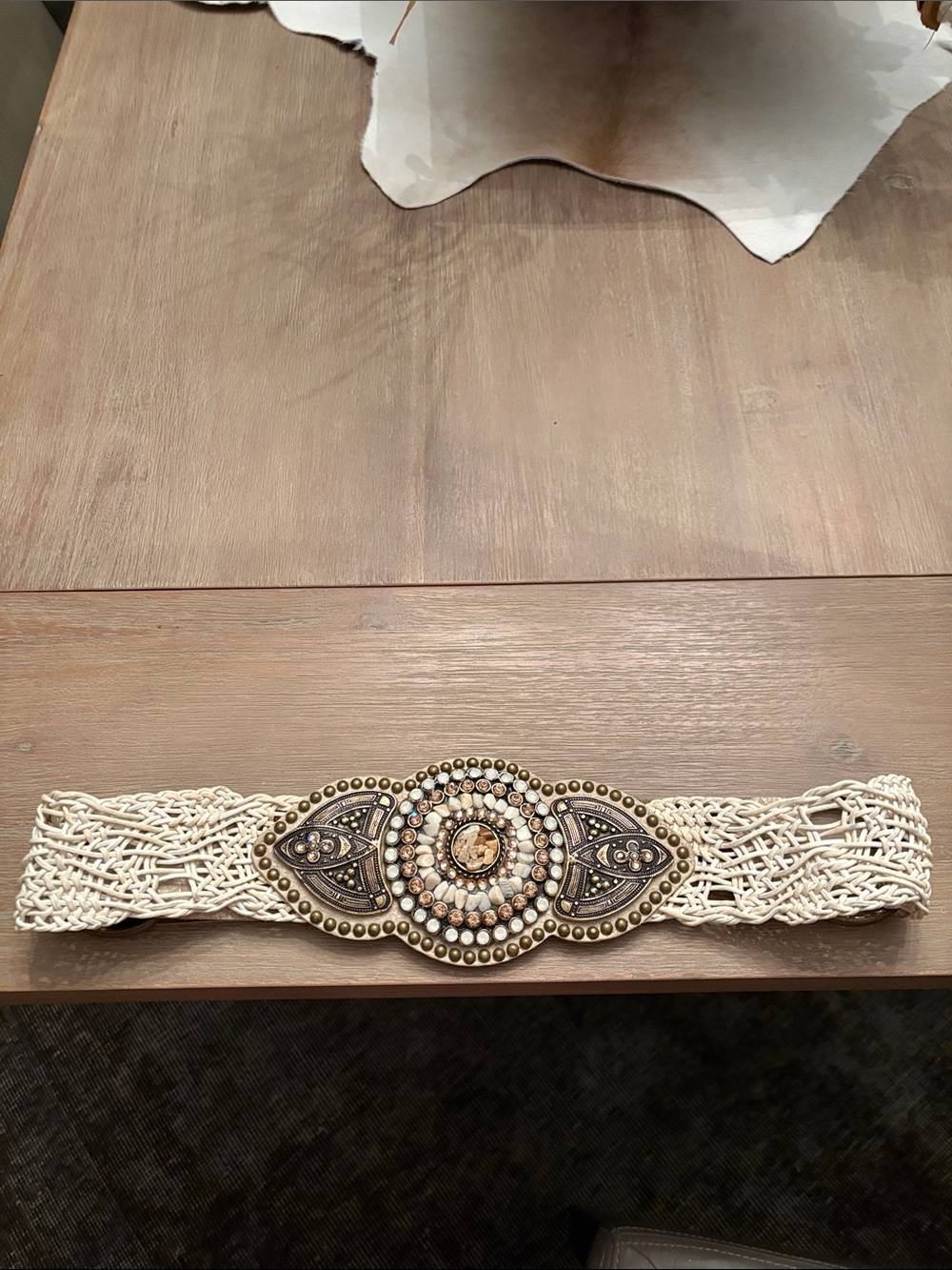 Handwoven Cream MacramΓ© Waist Belt with Decorative Beaded Medallion